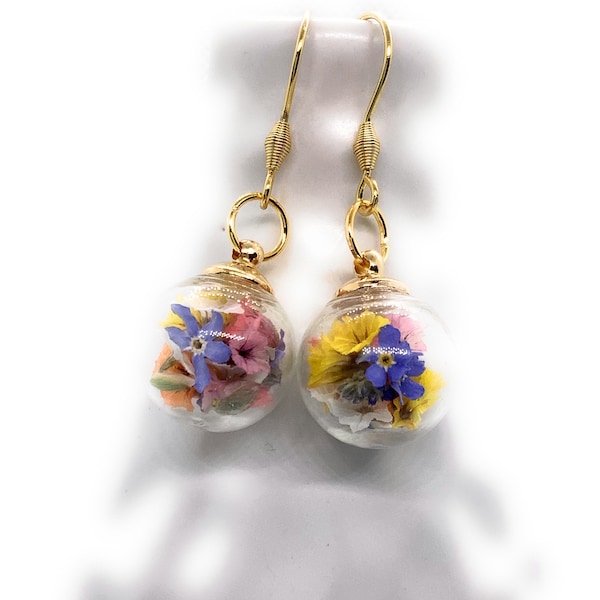Echte Blüten Glasschmuck Ohrringe bunt Gold  Frühling Geschenk beste Freundin Blumen Hochzeit