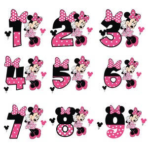 Minnie compleanno svg, numero Minnie, Mickey Minnie numero font Svg Bundle elemento a strati, Clipart, file di taglio vettoriale Cricut digitale, Svg, Png