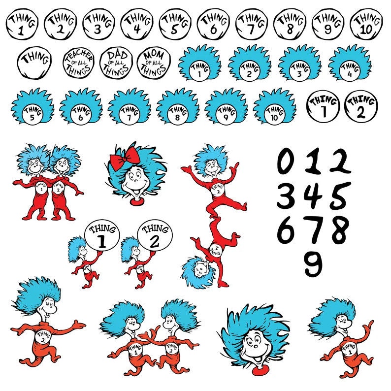 Puede incluir: Un conjunto de im&aacute;genes imprimibles con los personajes del libro "El Gato en el Sombrero". Las im&aacute;genes incluyen al Gato en el Sombrero, Cosa 1, Cosa 2 y el Lorax. Las im&aacute;genes est&aacute;n en varias poses y expresiones. Las im&aacute;genes son perfectas para crear manualidades, decoraciones o recuerdos de fiesta.
