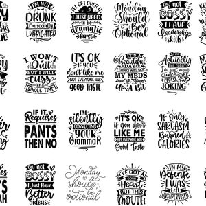 Könnte beinhalten: Ein schwarz-weißes Grafikdesign mit 20 verschiedenen Zitaten. Die Zitate sind lustig und sarkastisch. Die Zitate sind in einer handschriftlichen Schriftart geschrieben.