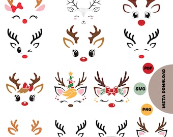 Christmas Reindeer Faces SVG PNG Bundle, Cricut Cut Files