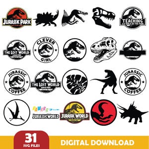Puede incluir: Una colección de gráficos en blanco y negro con temática de dinosaurios, que incluyen siluetas, logotipos y elementos de texto como "Jurassic Park", "The Lost World" y "Jurassic Coffee". La imagen también incluye el texto "31 SVG FILES" y "DIGITAL DOWNLOAD".