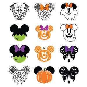 May include: Nine different Halloween-themed Disney character designs. Each design features a Mickey Mouse head silhouette with different Halloween-themed elements, such as a pumpkin, a ghost, and a spider web.