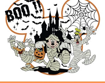 May include: A black and white illustration of Mickey Mouse, Donald Duck, and Goofy dressed as mummies. They are holding a jack-o-lantern and trick-or-treating in front of a silhouette of Cinderella's Castle. The image is in the shape of Mickey Mouse's head with the text "BOO!" in the top left corner.