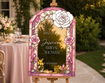 Mirror Bridal Shower Sign, Pink Roses Bridal Shower Welcome Sign, Stained Glass Bridal Entrance Sign, Printed Signs in Mirror Or Acrylic