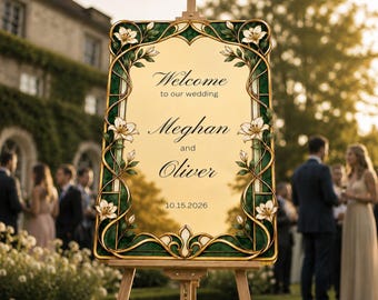 Green and Gold Mirror Wedding Sign, Forest Green Stained Glass Wedding Welcome Sign, Printed Floral Acrylic Wedding Entrance Sign