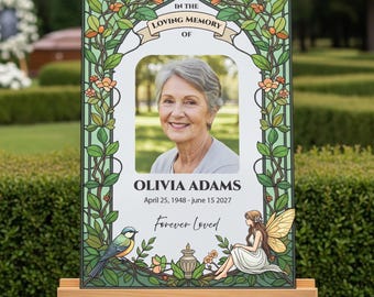 Printed In Loving Memory Sign With Photo, Fairy Funeral Sign, Celebration of Life Welcome Sign, Wren Funeral Memorial Sign with Picture