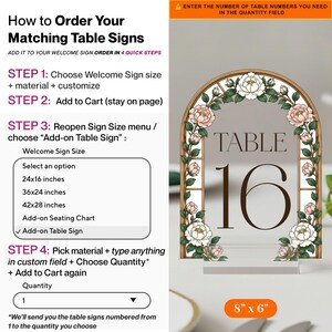 May include: An arched acrylic table sign measuring 8 inches by 6 inches, featuring a brown frame illustration with pink and white floral accents. The text reads TABLE 16 in a dark brown serif font. The image includes instructions for ordering.