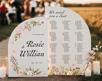 Pink Floral Wedding Welcome Sign and Seating Chart Bundle, Blossom Wedding Signs Set in Mirrored, Frosted or Acrylic