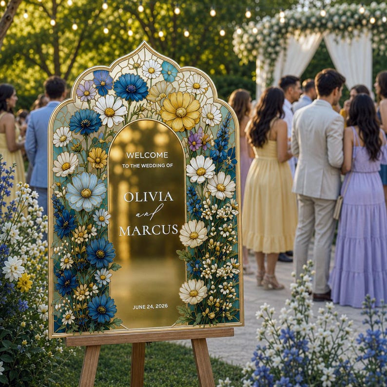 May include: An arched wedding welcome sign with a gold frame and center panel. The border features a floral design with blue, yellow, and white flowers. The text reads: WELCOME TO THE WEDDING OF OLIVIA and MARCUS JUNE 24, 2026. It stands on a wooden easel.