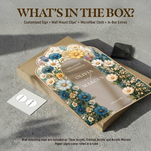 May include: A rectangular wedding sign with a decorative arched top, featuring a floral border of blue, yellow, and white flowers. The center text reads: Welcome to the wedding of Olivia and Marcus, June 24, 2026. It is placed on a cardboard box.