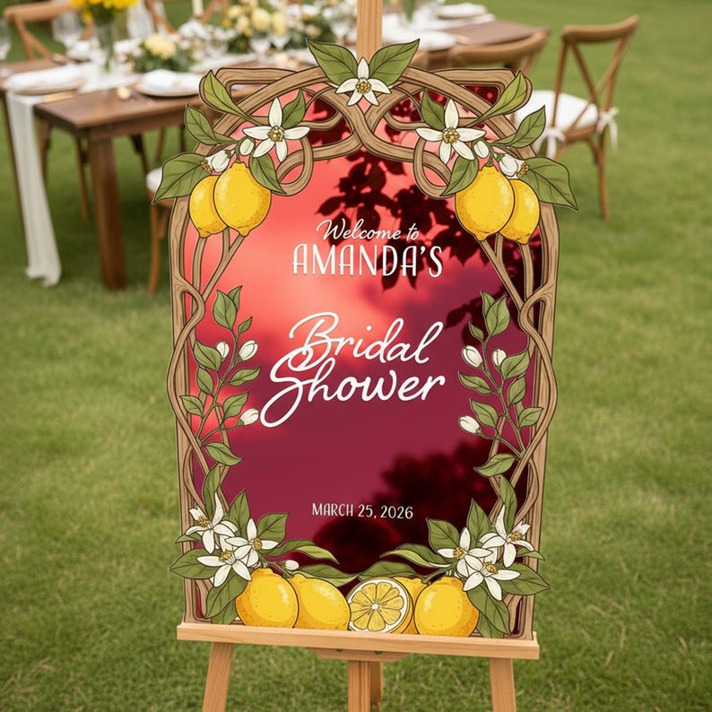 May include: A wooden easel displays a sign for Amanda's Bridal Shower, framed with lemon and floral illustrations. The sign features the text "Welcome to Amanda's Bridal Shower" and the date March 25, 2026, against a red sky backdrop.