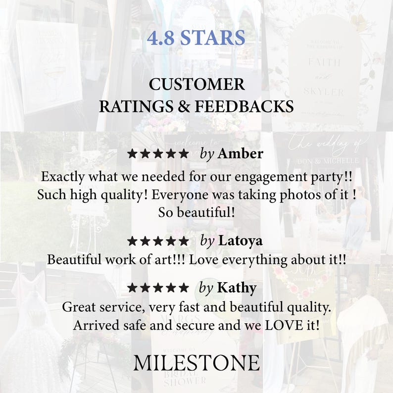 May include: A customer review graphic displaying 4.8 stars and the text CUSTOMER RATINGS & FEEDBACKS. It features three five-star reviews from Amber, Latoya, and Kathy, praising the quality and service of the product, ending with the word MILESTONE.
