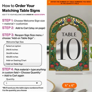 K&ouml;nnte beinhalten: Ein bogenf&ouml;rmiges Tischschild mit den Ma&szlig;en 8 mal 6 Zoll, das einen dekorativen Rand mit Pfauen- und Lotusblumenillustrationen in T&uuml;rkis, Gold und Pink aufweist. In der Mitte steht der Text TABLE 10 in einer gro&szlig;en schwarzen Serifenschrift.