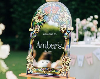 Wildflowers Stained Glass Bridal Shower Sign,  Floral Bridal Shower Mirror Welcome Signs, Custom Bridal Brunch Signs