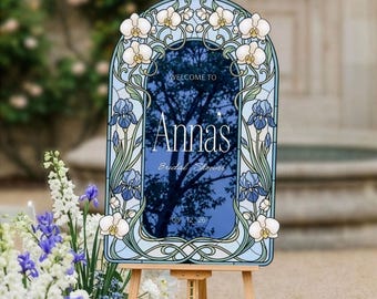Floral Bridal Shower Sign, Blue Iris Bridal Shower Welcome Sign, Stained Glass Bridal Entrance Sign, Printed Signs in Mirror Or Acrylic