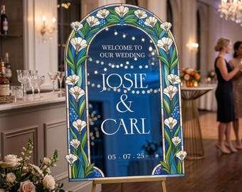 Blue Wedding Welcome Sign, Floral Mirror Wedding Sign, Lily Welcome To Our Wedding Signs, Floral Wedding Decorations