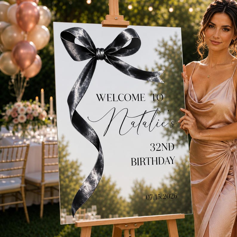 May include: A clear acrylic welcome sign on a wooden easel featuring a large black ribbon graphic. The text reads: WELCOME TO Natalie's 32ND BIRTHDAY 07.15.2026. The sign has a reflective surface showing a blurred outdoor garden setting.