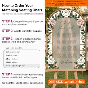 May include: An arched wedding seating chart sign featuring a frosted background with black text, floral illustrations of pink and white peonies, and green leaves. The sign displays the text Find Your Seat and Welcome, with sixteen numbered tables.