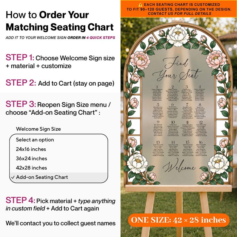 May include: An arched wedding seating chart sign featuring a frosted background with black text, floral illustrations of pink and white peonies, and green leaves. The sign displays the text Find Your Seat and Welcome, with sixteen numbered tables.