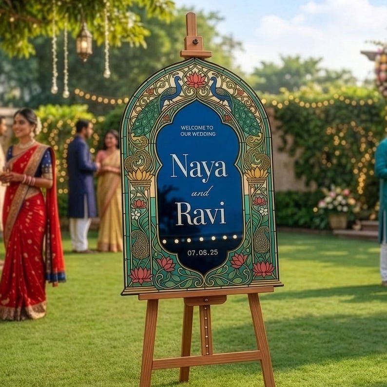 K&ouml;nnte beinhalten: Ein bogenf&ouml;rmiges Hochzeits-Willkommensschild auf einer Holzstaffelei mit tiefblauem Zentrum und dem Text Welcome to our wedding, Naya and Ravi, sowie 07.08.25. Der Rand zeigt kunstvolle Pfauen- und Lotusbl&uuml;tenmotive in Gr&uuml;n, Gold und Rosa.