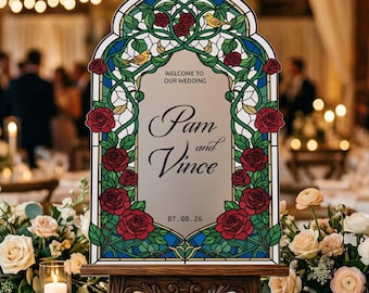 Red Roses Mirror Wedding Sign, Floral Wedding Welcome Sign,  Welcome To Our Wedding Signs, Wedding Decorations