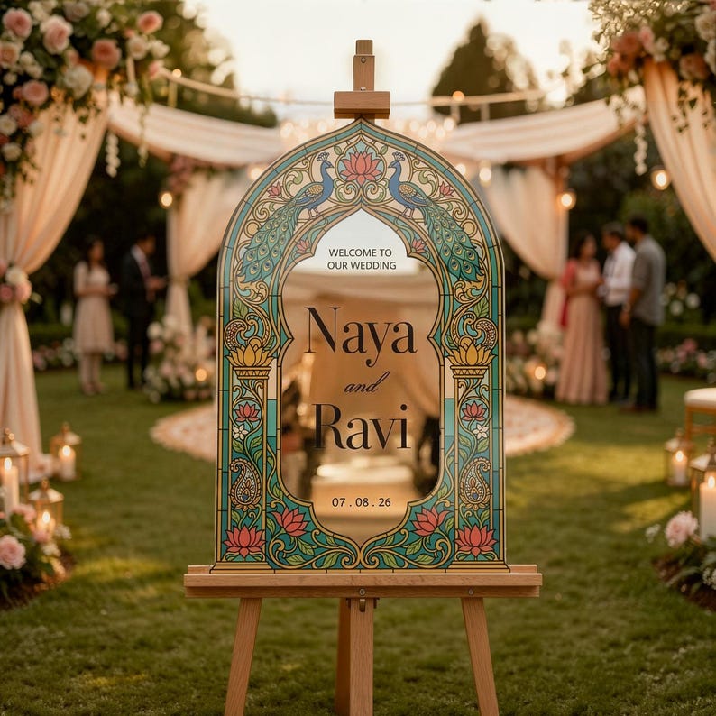 K&ouml;nnte beinhalten: Ein bogenf&ouml;rmiges Hochzeits-Willkommensschild auf einer Holzstaffelei mit einem Rand im Buntglas-Stil, verziert mit Pfauen- und Lotusbl&uuml;tenmotiven. Der Text lautet: Welcome to our wedding, Naya and Ravi, 07.08.26. Das Schild hat eine reflektierende Mitte.