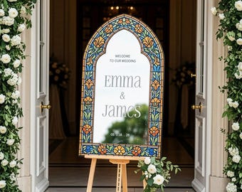 Floral Stained Glass Wedding Sign, Mirror Wedding Welcome Sign, Wildflowers Wedding Entrance Sign, Printed Wedding Signs Mirror Or Acrylic