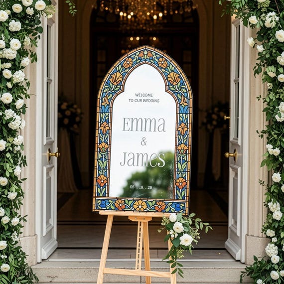 Floral Stained Glass Wedding Sign, Mirror Wedding Welcome Sign, Wildflowers Wedding Entrance Sign, Printed Wedding Signs Mirror Or Acrylic