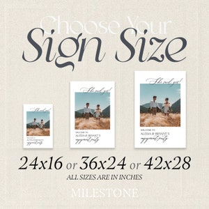 May include: Three rectangular vertical signs in sizes 24x16, 36x24, and 42x28 inches. Each sign features a photograph of a couple in a field, the text 'She said yes!', and 'WELCOME TO ALISSA & BRYANT'S engagement party' in black serif and script fonts.