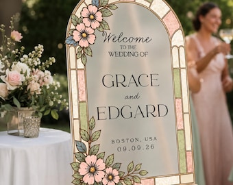Floral Wedding Welcome Sign, Custom Pink Frosted Wedding Sign, Welcome To The Wedding Signage, Floral Wedding Decorations