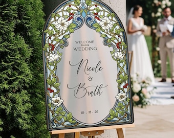Wedding Welcome Sign, Arched Floral Stained Glass Wedding Sign, Printed Wedding Sign in Mirror Or Acrylic
