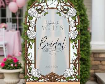 White Gardenia Bridal Shower Welcome Sign,Floral Bridal Shower Sign, Stained Glass Bridal Entrance Sign, Printed Signs in Mirror Or Acrylic
