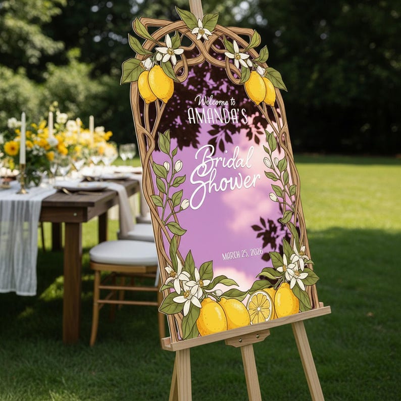 May include: A wooden easel holds a sign with the text "Welcome to Amanda's Bridal Shower" and the date March 25, 2026. The sign features a purple background with lemon and floral illustrations. The easel is set up outdoors.