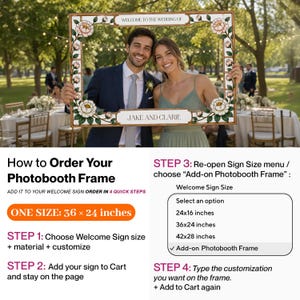 May include: A rectangular photobooth frame featuring a white border with painted pink and white floral illustrations, green leaves, and text reading "WELCOME TO THE WEDDING OF" and "JAKE AND CLARIE". The frame measures 36 by 24 inches.
