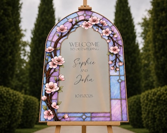 Cherry Blossom Wedding Sign, Purple Frosted Wedding Welcome Sign, Printed Floral Acrylic Wedding Entrance Sign