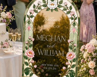 Pink Roses Stained Glass Wedding Sign, Custom Mirror Wedding Welcome Signs, Green Welcome To The Wedding Signage, Floral Wedding Decorations
