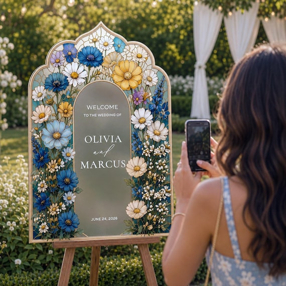 Daisy Wedding Sign, Wildflowers Wedding Welcome Sign, Floral Stained Glass Wedding Entrance Sign, Printed Wedding Signs in Mirror Or Acrylic