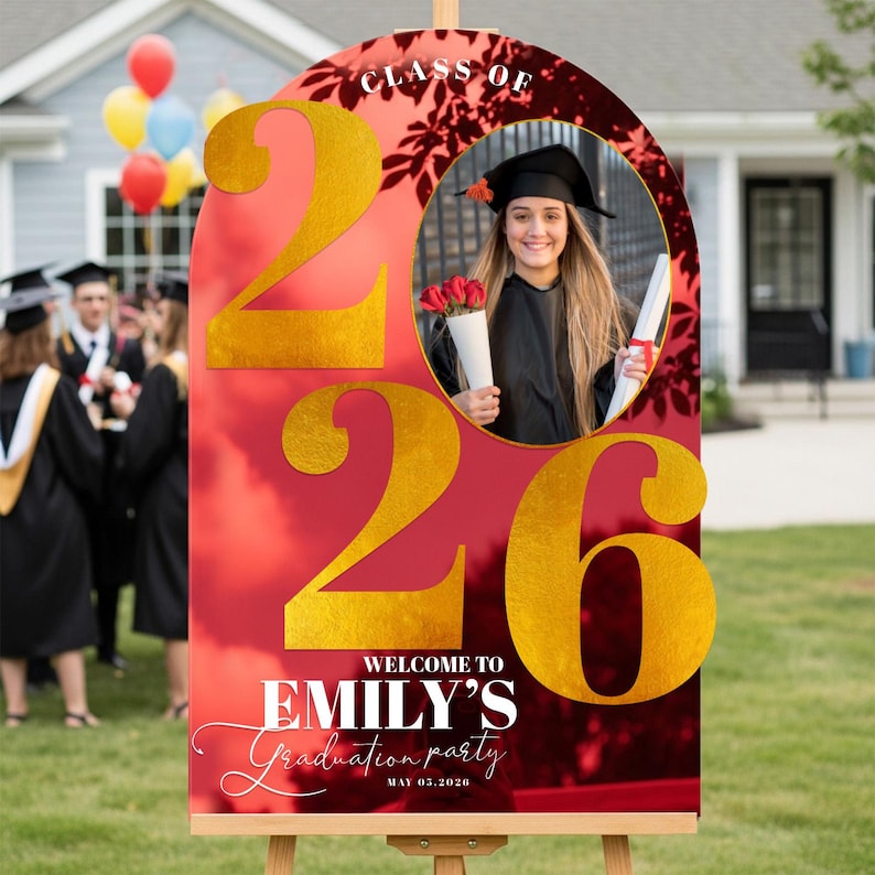 Custom Graduation Sign, Printed Graduation Photo Sign, Graduation Party Sign with Picture, Acrylic Graduation Party Decorations Red Acrylic Mirror