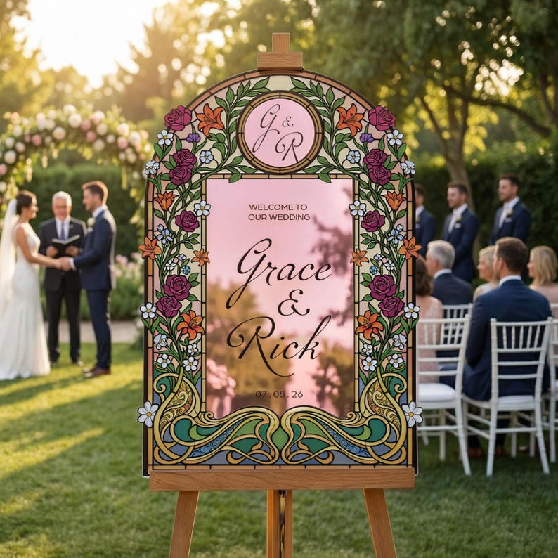 K&ouml;nnte beinhalten: Eine Holzstaffelei zeigt ein Hochzeitsschild mit einer rosa verspiegelten Oberfl&auml;che. Das Schild ist mit farbenfrohen Blumen- und Blattmotiven umrahmt und tr&auml;gt die Namen "Grace & Rick" und das Datum "07.08.26". Die Worte "Welcome to our Wedding" sind ebenfalls zu sehen.