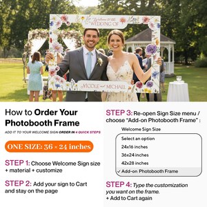 May include: A rectangular photobooth frame featuring a white border decorated with colourful watercolour floral illustrations. The top text reads Welcome to the WEDDING OF and the bottom text displays NICOLE and MICHAEL. The frame measures 91.4 by 61 cm.