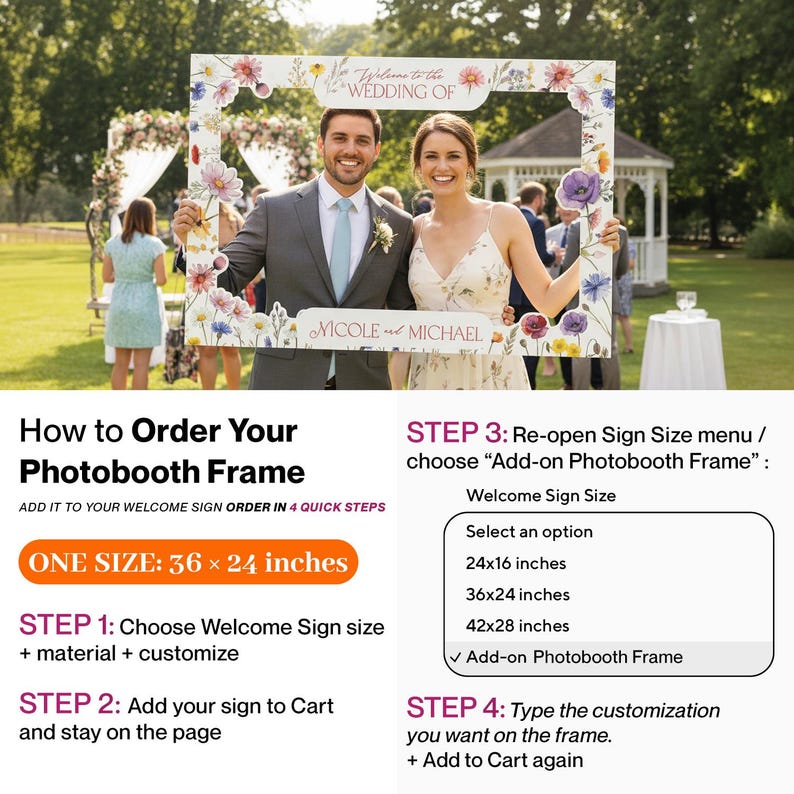 May include: A rectangular photobooth frame featuring a white border decorated with colourful watercolour floral illustrations. The top text reads Welcome to the WEDDING OF and the bottom text displays NICOLE and MICHAEL. The frame measures 91.4 by 61 cm.