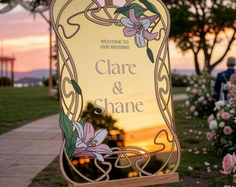 Pink Lily Wedding Welcome Sign, Floral Mirror Wedding Sign, Welcome To Our Wedding Signs, Wedding Decorations