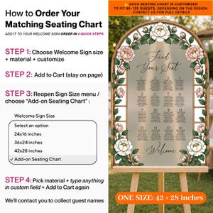 May include: An arched wedding seating chart sign featuring a frosted background with black text, floral illustrations of pink and white peonies, and green leaves. The sign displays the text Find Your Seat and Welcome, with sixteen numbered tables.