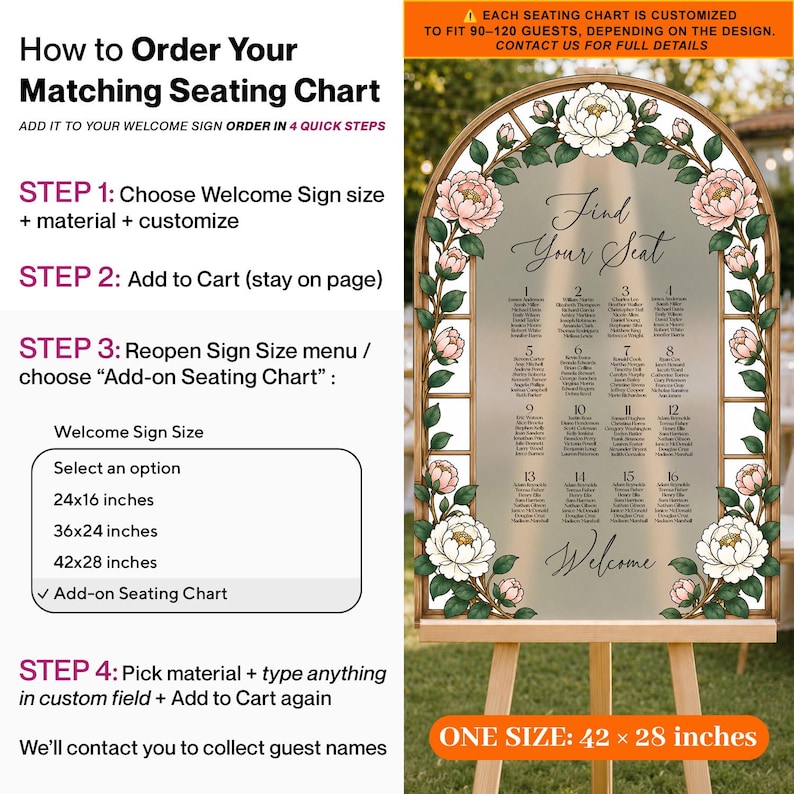 May include: An arched wedding seating chart sign featuring a frosted background with black text, floral illustrations of pink and white peonies, and green leaves. The sign displays the text Find Your Seat and Welcome, with sixteen numbered tables.