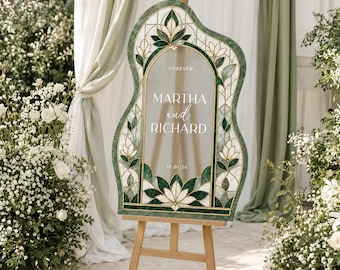 Emerald Green Wedding Welcome Sign,  Floral Stained Glass Wedding  Sign, Forever Wedding Sign, Custom Printed Wedding Signs