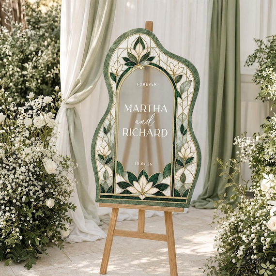 Emerald Green Wedding Welcome Sign,  Floral Stained Glass Wedding  Sign, Forever Wedding Sign, Custom Printed Wedding Signs