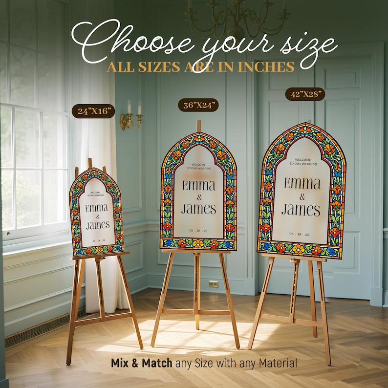 May include: Three arched wedding signs on wooden easels, featuring a stained glass border in orange, blue, and green. The signs display the text 'WELCOME TO OUR WEDDING', 'EMMA & JAMES', and a date. Sizes shown are 24x16 inches, 36x24 inches, and 42x28 inches.