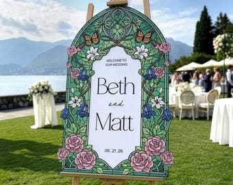 Floral Wedding Sign, Pink Roses Stained Glass Wedding Welcome Signs, Acrylic Floral Wedding Signs, Printed Wedding Signage