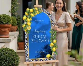 Lemon Blue Tiles Mirror Bridal Shower Sign, Main Squeeze Bridal Shower Welcome Sign, Amalfi Coast Lemon Bridal Sign, Citrus Bridal Favours